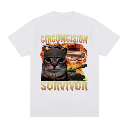 Circumcision Survivor Funny Cat Meme T-shirt Men Women Retro T-shirt Casual Cotton Short Sleeve Summer T-shirt Street Wear