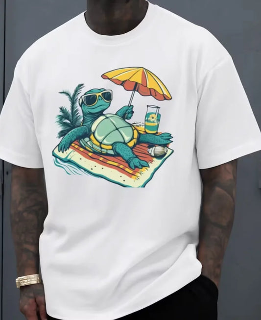 Relaxing Turtle T-Shirt Men T Shirt White Summer 2026 Round Neck, Short Sleeves New Spring T-shirts, Fashionable and Trendy