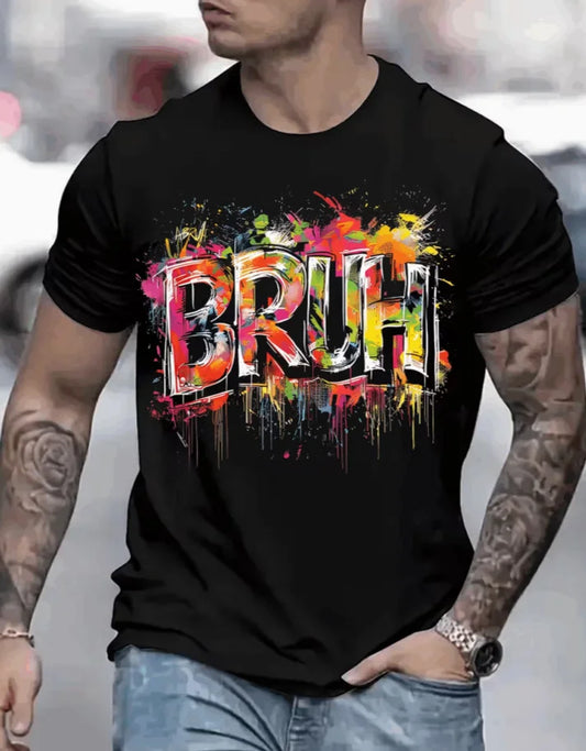BRUH Mens TShirt Comfortable Crew Neck Casual Soft Breathable Top Menswear Tshirt Summer Streetwear Cotton Trendy Letter Print