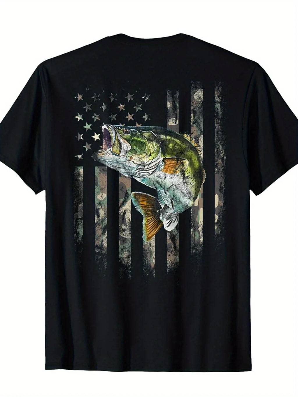 Men's American Flag Camo Fishing T-Shirt - Bass Jumping Fish & Camouflage Design with Stars, Retro Short Sleeve Round Neck Tee, All-Season Comfort Fit Suitable for Outdoor Activities, Fishing Trips, Casual Wear, Machine Washable