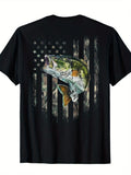 Men's American Flag Camo Fishing T-Shirt - Bass Jumping Fish & Camouflage Design with Stars, Retro Short Sleeve Round Neck Tee, All-Season Comfort Fit Suitable for Outdoor Activities, Fishing Trips, Casual Wear, Machine Washable
