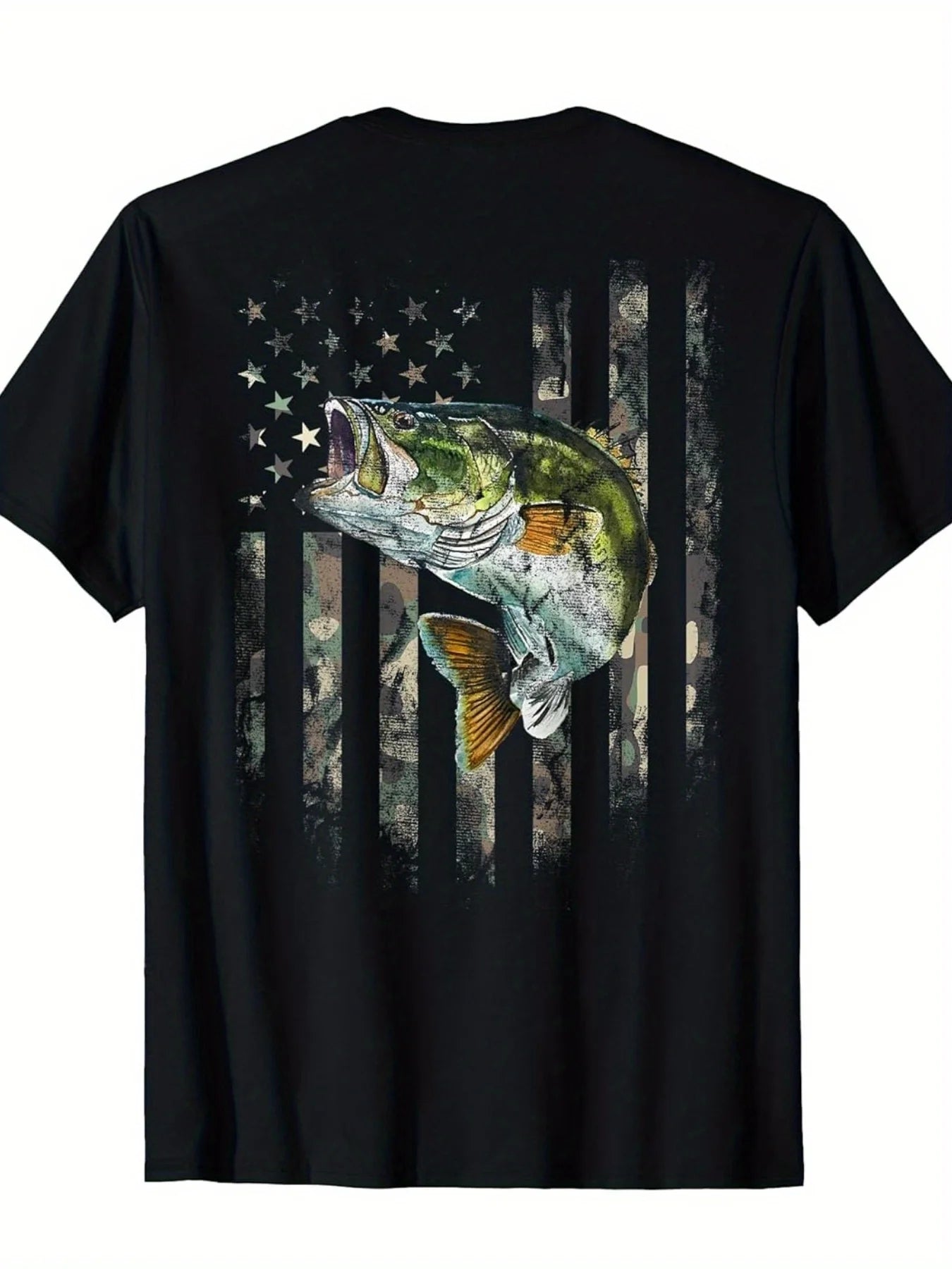 Men's American Flag Camo Fishing T-Shirt - Bass Jumping Fish & Camouflage Design with Stars, Retro Short Sleeve Round Neck Tee, All-Season Comfort Fit Suitable for Outdoor Activities, Fishing Trips, Casual Wear, Machine Washable