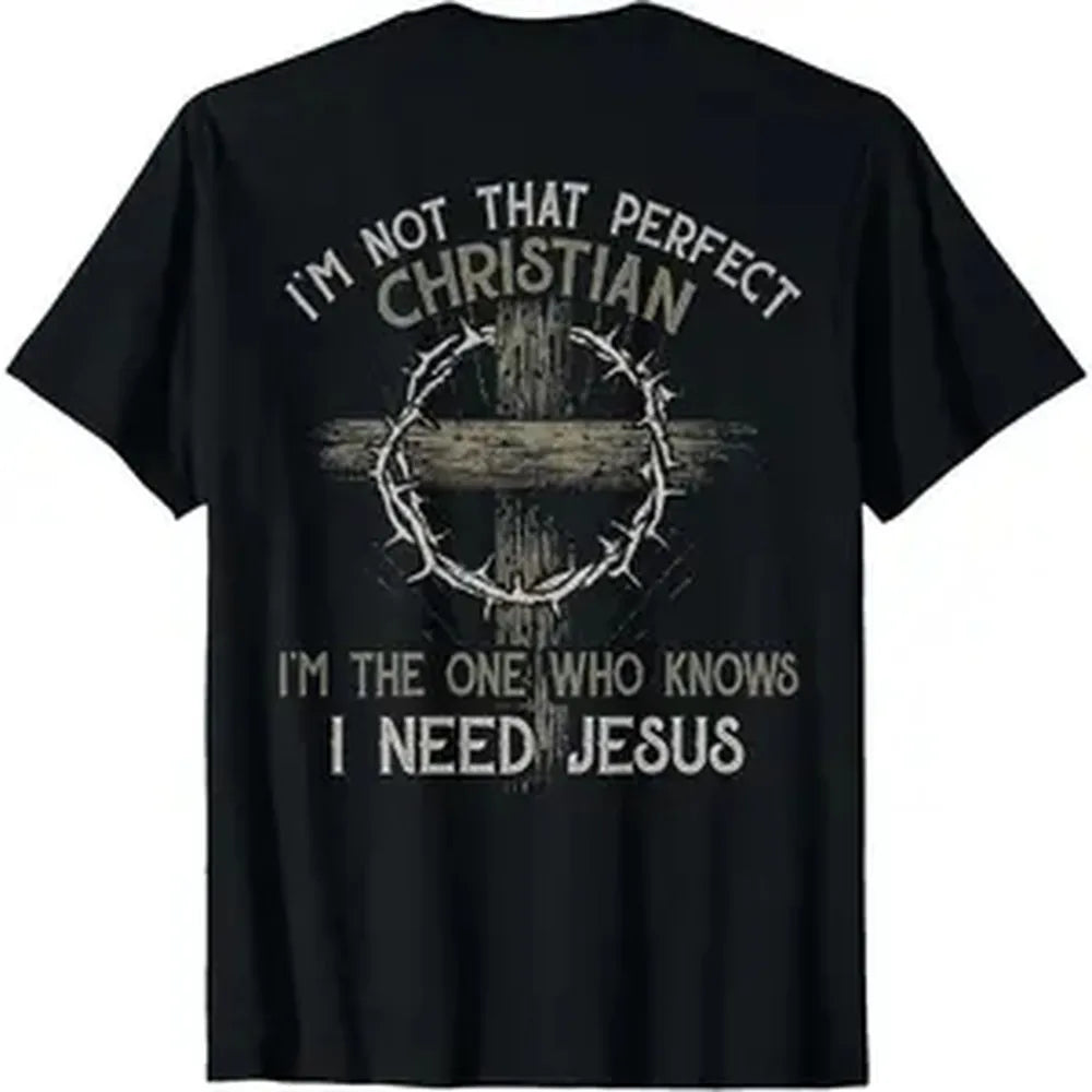 Men's Cotton Fabric Round Neck Fashion T-Shirt - "I'm Not That Perfect Christian I'm The One That Knows" Graphic, Soft Natural Short-Sleeve Casual Top for Sports & Outdoor Clothing