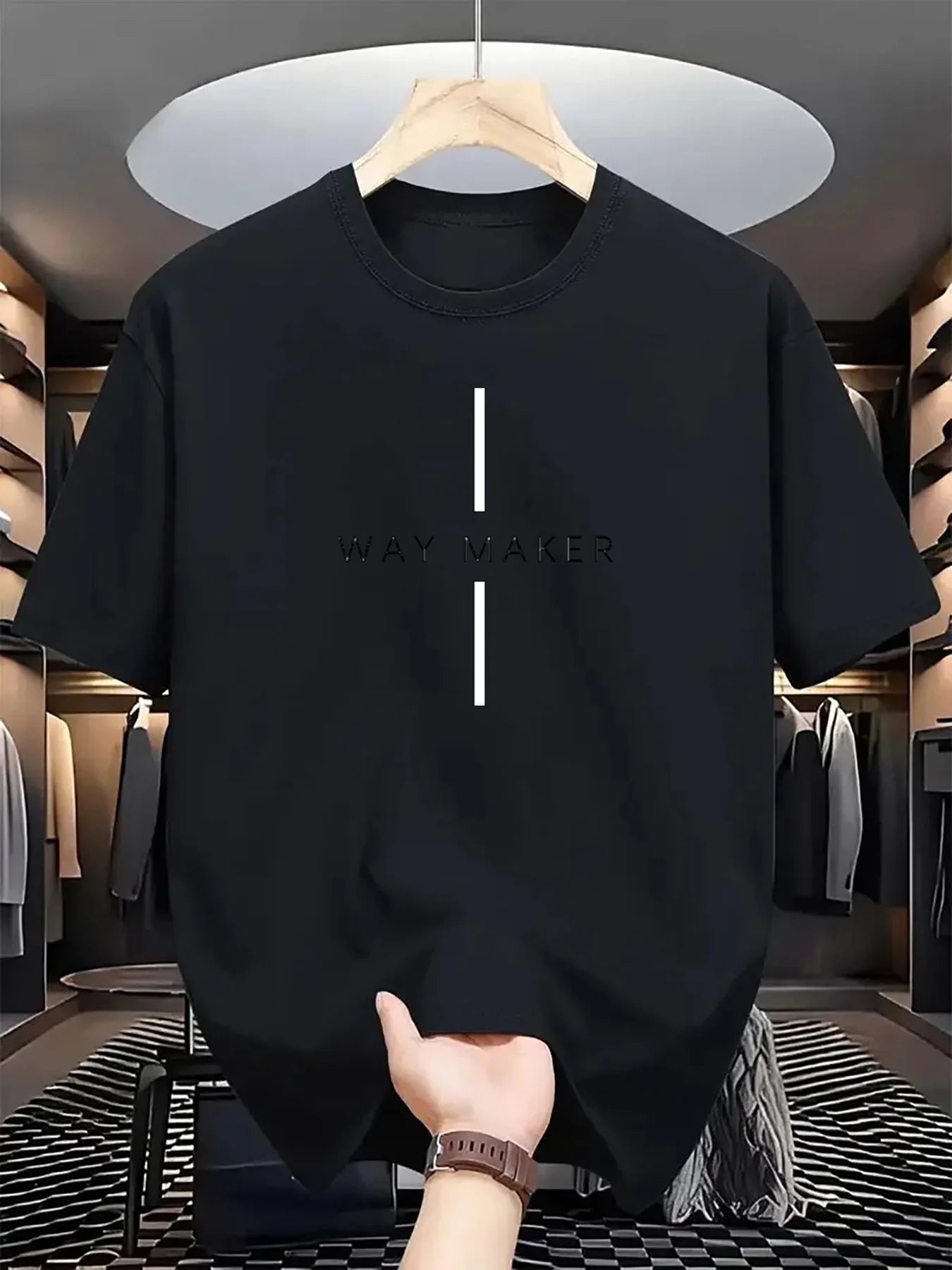Minimalist Men's Black Graphic T-Shirt Way Maker Vertical Line Bold Typography Statement Design 100% Cotton Heavyweight Short Sleeve Casual Streetwear Tee