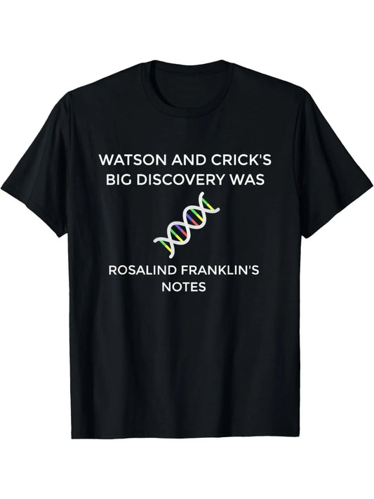 DNA Discovery Watson Crick T-Shirt- Black Science Graphic Tee with Rosalind Franklin's Notes Design| Loose Fit Casual Shirt for Science Enthusiasts and History of Science Fans Round Neck Short Sleeve Lightweight Washable