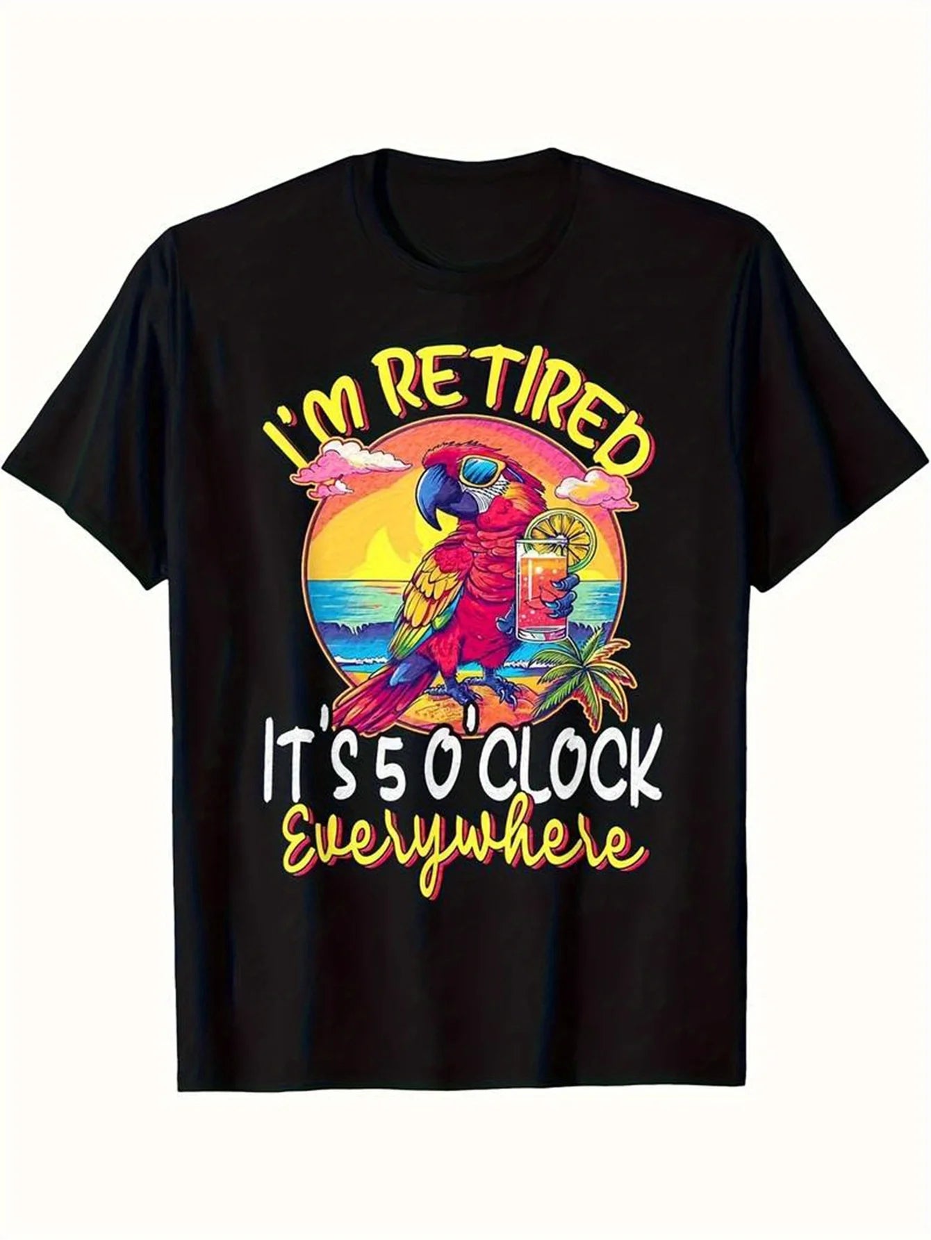 Men's Outdoor Style Casual I'm Retired, Five O'Clock Pattern Letter Print T-Shirt, PLUS SIZE Everywhere