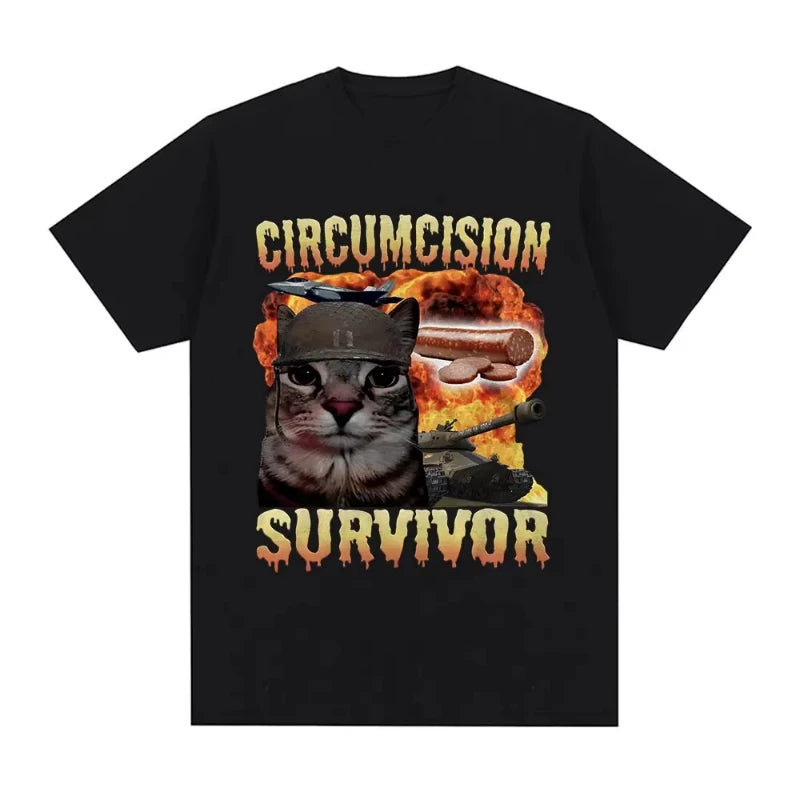 Circumcision Survivor Funny Cat Meme T-shirt Men Women Retro T-shirt Casual Cotton Short Sleeve Summer T-shirt Street Wear