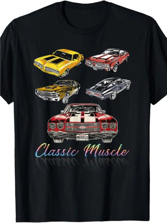 PLUS SIZE Black Vintage American Muscle Car Print Men's T-Shirt- Breathable, Stretchy, Loose Fit, Vintage Classic Muscle Car Pattern, Featuring Classic Muscle Car Text