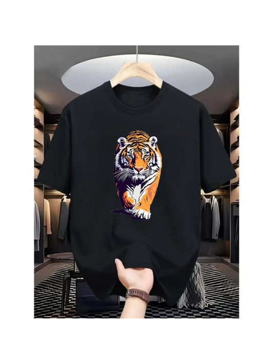 Vintage Men's Black Graphic T-Shirt Tiger Face Walking Wild Animal Bold Color Illustration Print 100% Cotton Heavyweight Short Sleeve Casual Streetwear Tee