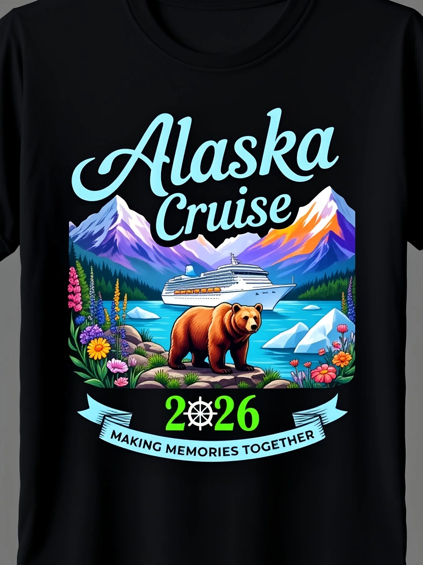 2026 Alaska Cruise TShirt for Families And Groups Vintage Style Shiny Look Cozy Round Neck Tee Perfect for Gatherings Beaches Outdoor Fun Cruise Getaways Unisex Black Group Apparel6Retro Casual Short-sleeved T-shirt with a Round Neck and Printed