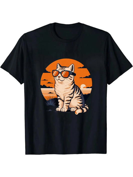 Retro Men's Black Graphic T-Shirt Cool Cat Sunglasses Orange Sunset Desert Cactus Striped Kitten Vintage Print 100% Cotton Heavyweight Short Sleeve Casual Streetwear Tee