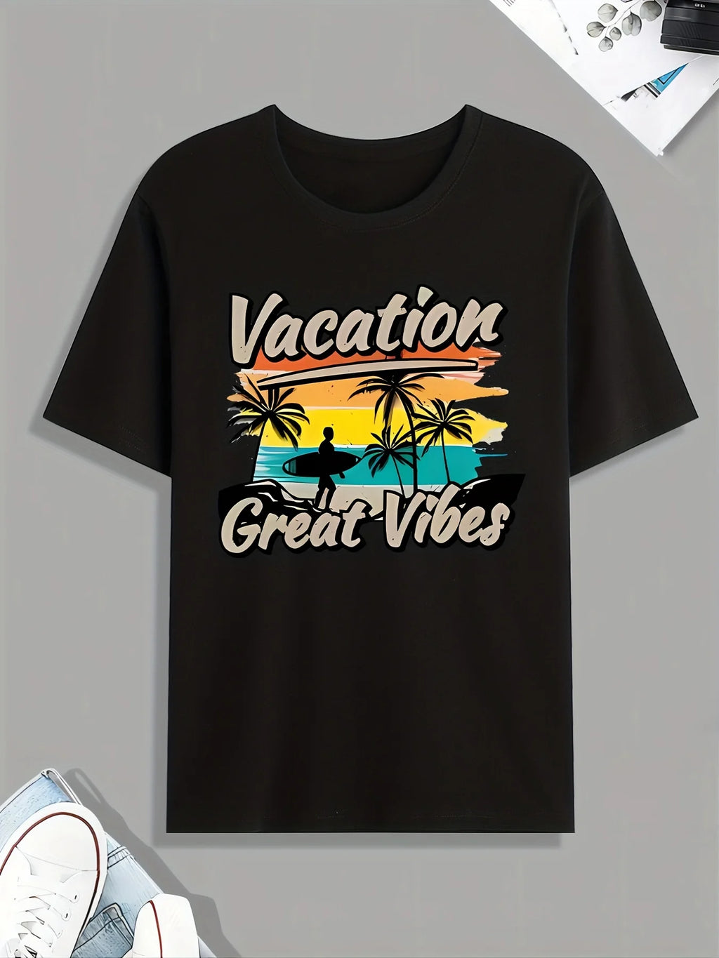 Vintage Men's Black Graphic T-Shirt Vacation Great Vibes Palm Tree Sunset Beach Surfboard Ocean Travel Retro Print 100% Cotton Heavyweight Short Sleeve Casual Streetwear Tee