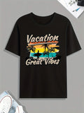 Vintage Men's Black Graphic T-Shirt Vacation Great Vibes Palm Tree Sunset Beach Surfboard Ocean Travel Retro Print 100% Cotton Heavyweight Short Sleeve Casual Streetwear Tee