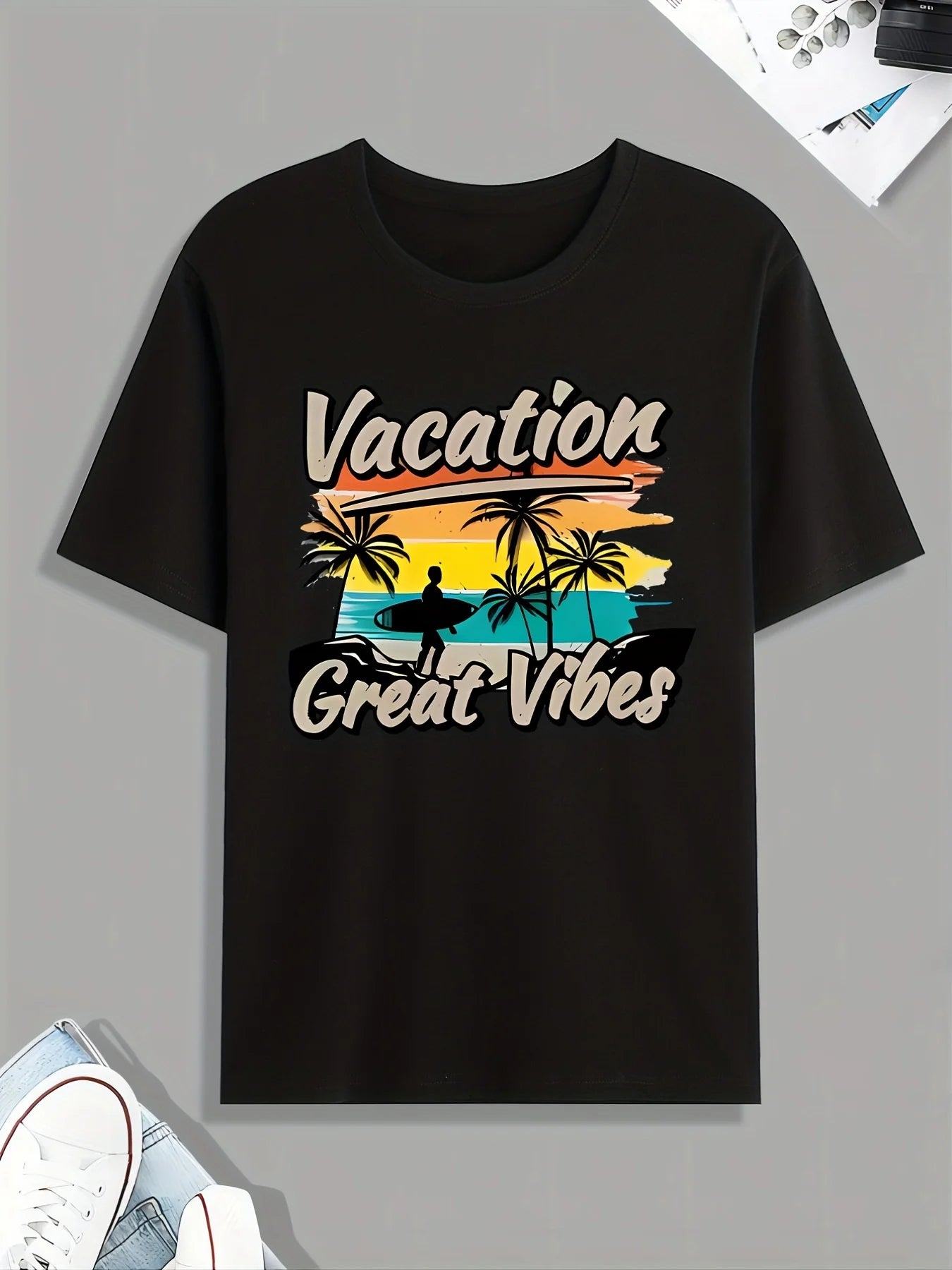 Vintage Men's Black Graphic T-Shirt Vacation Great Vibes Palm Tree Sunset Beach Surfboard Ocean Travel Retro Print 100% Cotton Heavyweight Short Sleeve Casual Streetwear Tee