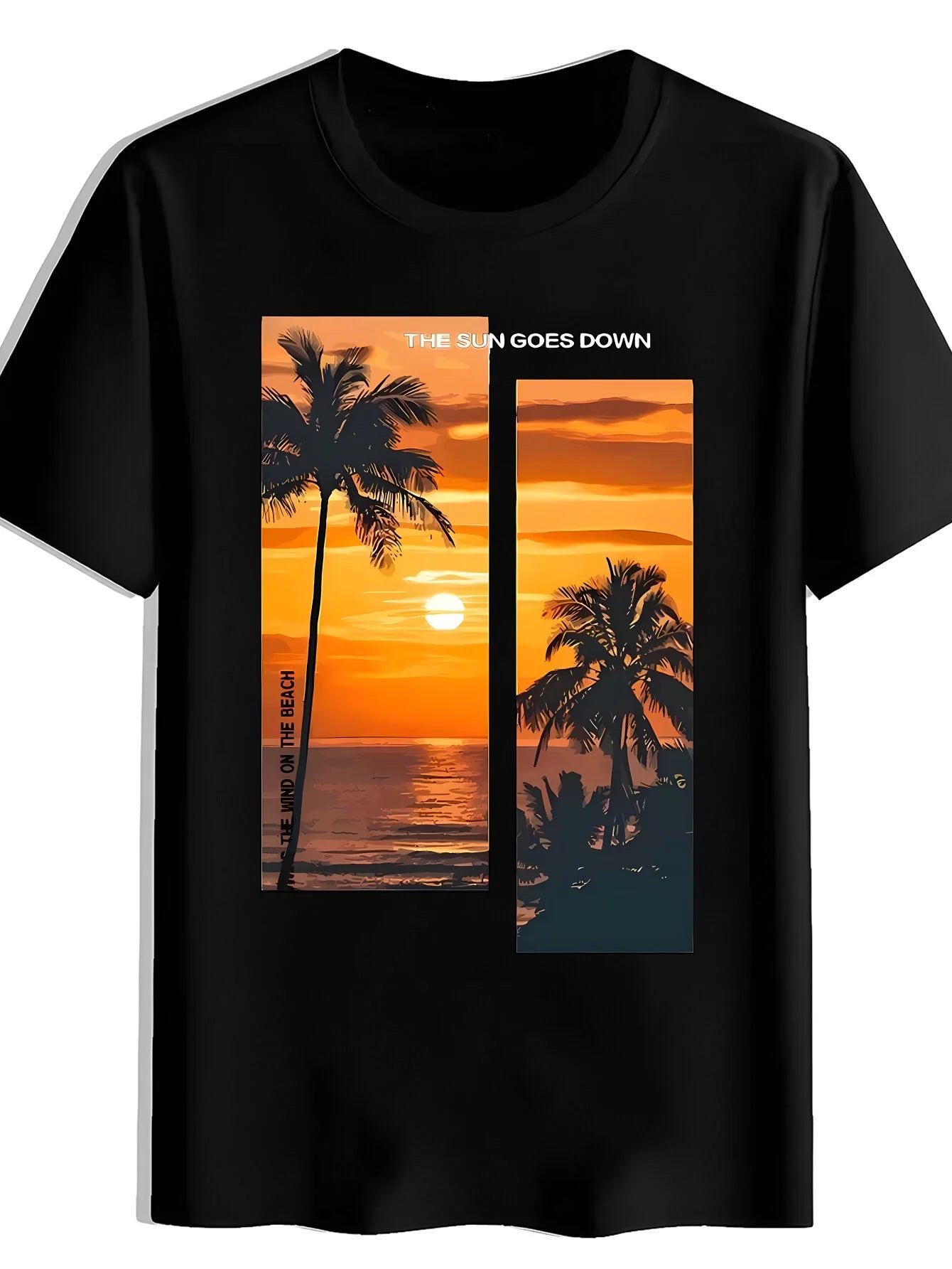 Palm Tree Sunset Print Men'S Casual Crew Neck T-Shirt, Soft And Comfortable Wrinkle-Resistant Men'S Top, Machine Washable And Non-Pilling, Easy to Dry And Easy to Care for High-Quality Short-Sleeved T-Shirt, Wear-Resistant And Non-Deforming