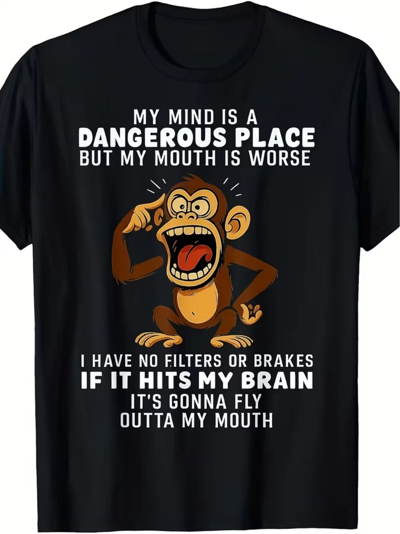 Men's Funny Monkey Print T-Shirt with "My Brain Is a Danger Zone" Slogan - Stretchy Crew Neck Short Sleeve Shirt Suitable for Gym, Training, Summer Vacations & Casual Wear - Plus Size Comfortable Humorous Gift for