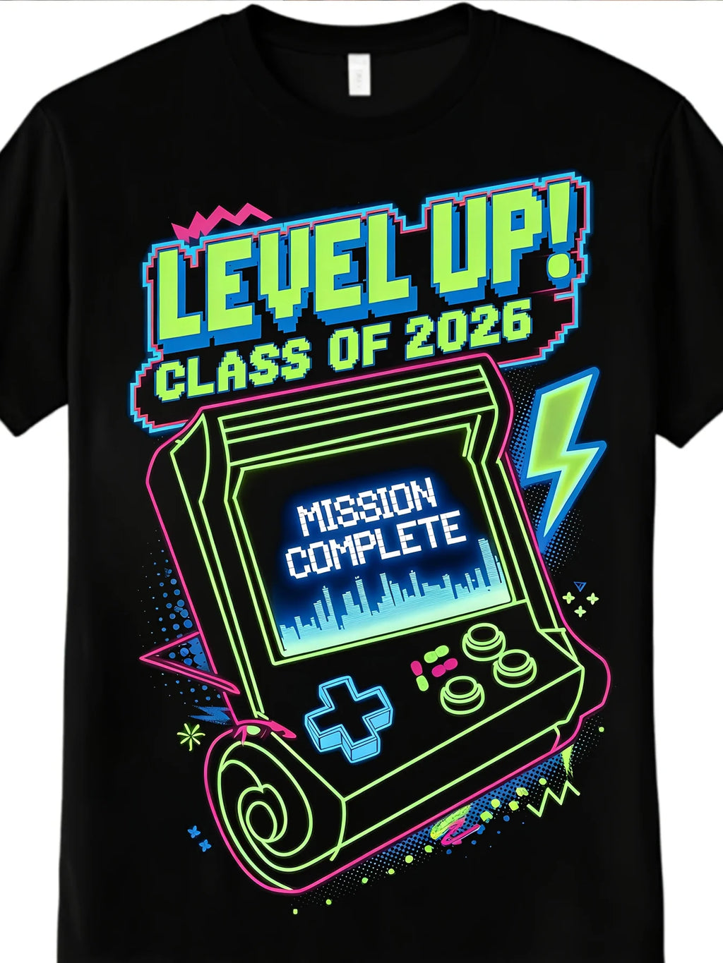 Retro Men's Black Graphic T-Shirt Arcade Console Level up Class of 2026 Mission Complete Neon Lightning Pixel Game Graphic 100% Cotton Heavyweight Short Sleeve Casual Streetwear Tee