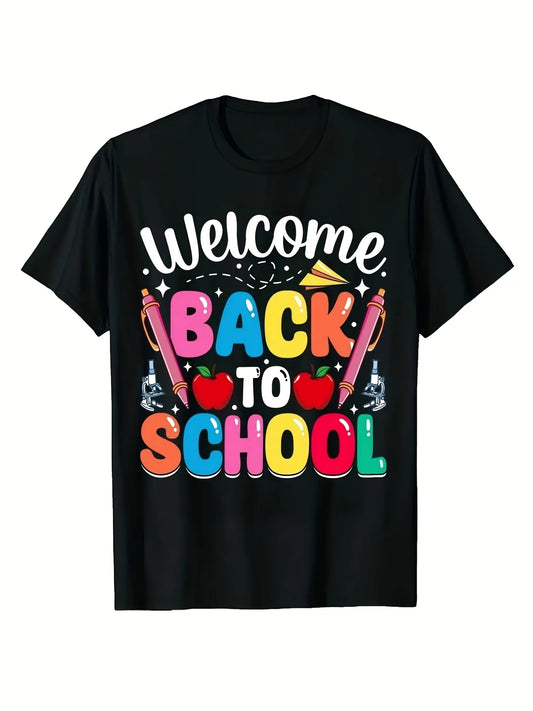 Welcome Back to School TShirt for Adults Black Retro Graphic Tee with Colorful School Icons (Apples Pencils Books Globe) And Playful Typography Teacher And Apparel for Men And UnisexRetro Casual Short-sleeved T-shirt with a Round Neck and Printed