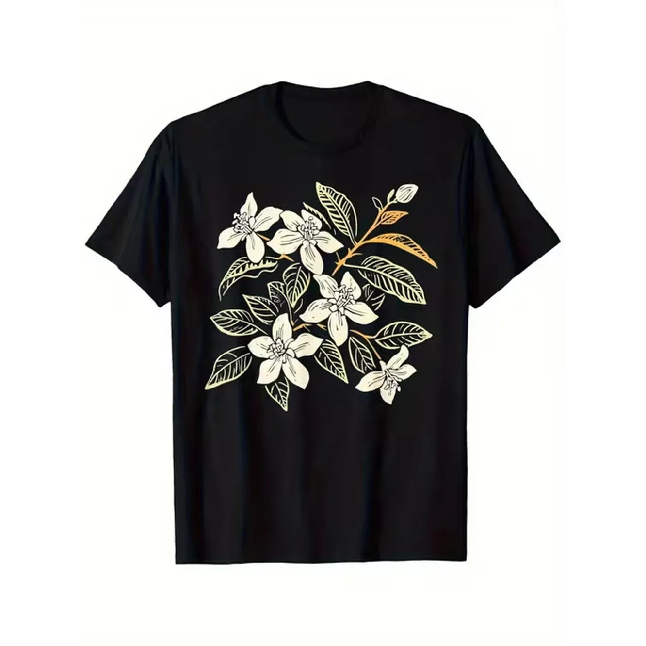 item picture mens retro floral t shirt black featuring white golden botanical design sturdy 180gsm tee with short sleeves and round neck long lasting suitable for casual and formal attire in sizes s xxxl