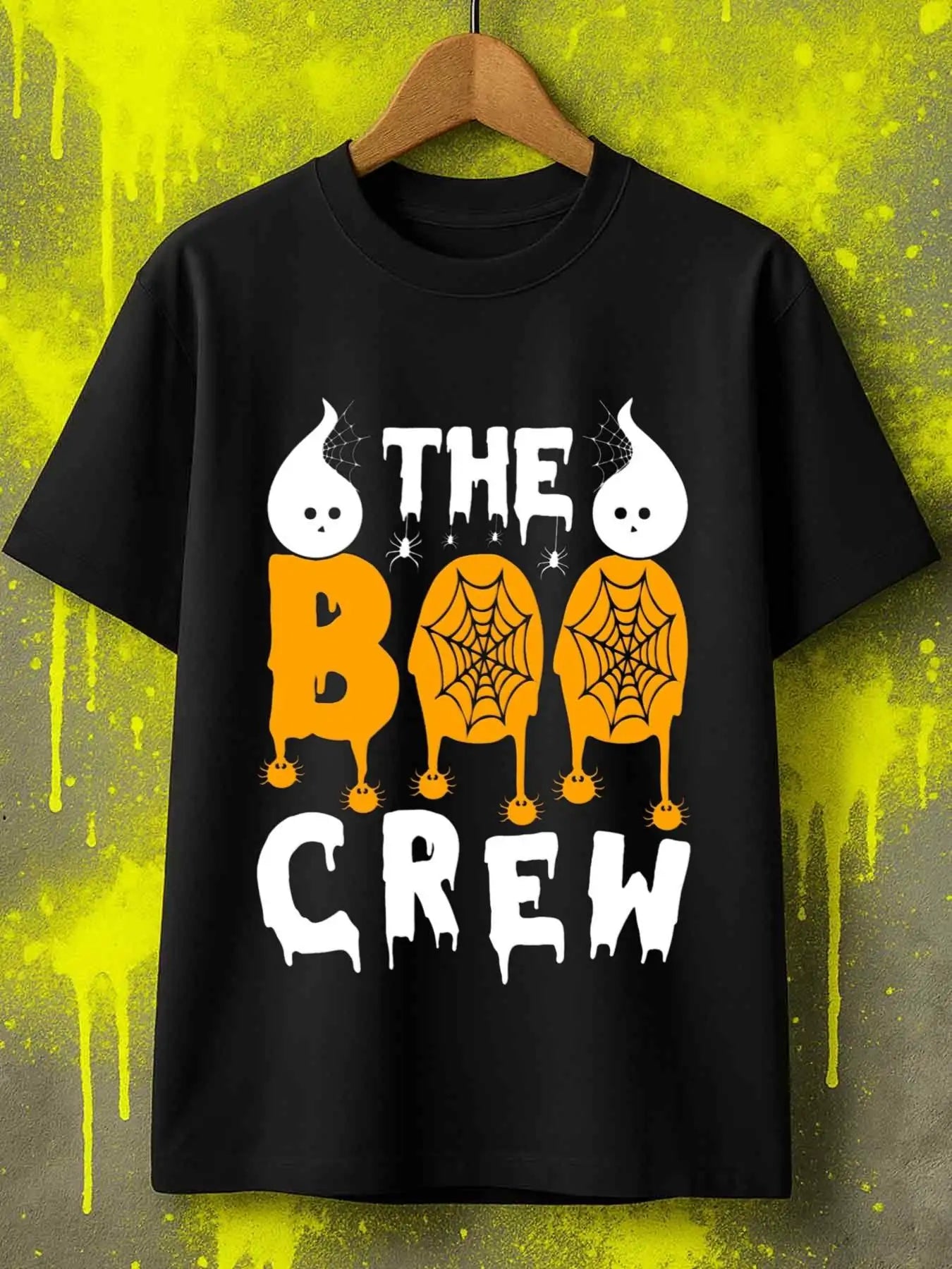 Funny Men's Black Graphic T-Shirt Ghost Letter Print Spider Web Orange Drip Halloween Crew Slogan 100% Cotton Heavyweight Short Sleeve Casual Streetwear Tee