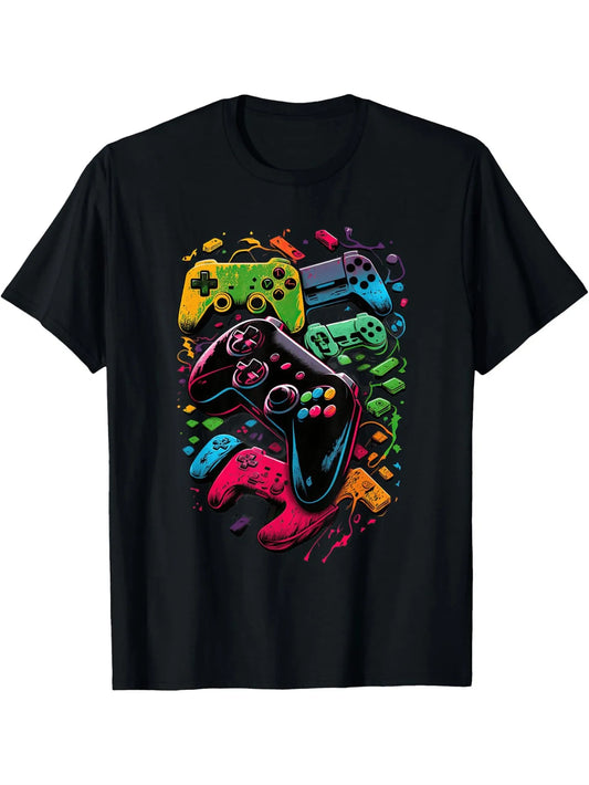 Teenager'S Plus-Size T-Shirt, Printed with Vibrant Game Controller Pattern - Regular Fit, Casual Round Neck, Slightly Stretchy Fabric, Comfortable for All Seasons - Suitable for Daily Wear, Sports, Vacations, And Gaming Activities