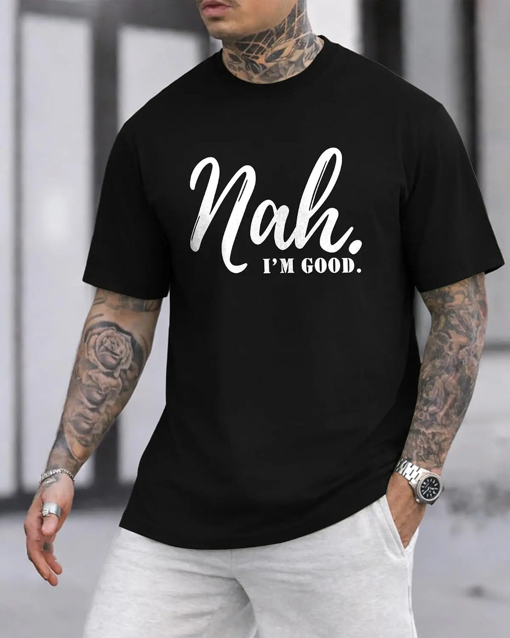 KUYIGO Mens T Shirts Funny Letter Graphic Nah, I’m Good. Summer Casual Streetwear Short Sleeve Tee