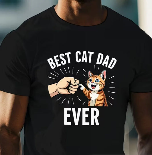 Best Cat Dad Ever Graphic Tee - Men'S Casual Crew Neck Short Sleeve T-Shirt Summer Top with Playful Cat & Thumbs-Up Design