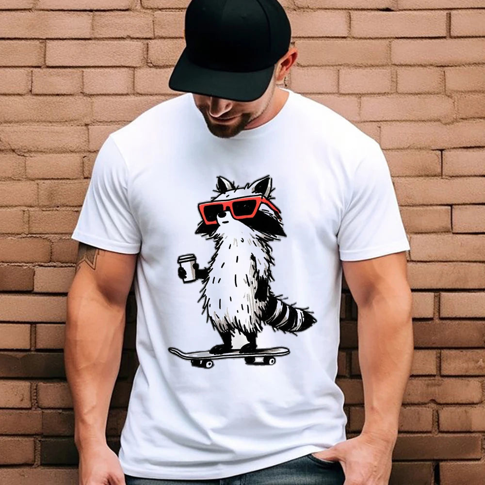 HOT SALE Cool and Comfortable Street Clothes Fun Raccoon Men T Shirt Capybaras Skateboard Coffee Print T Shirt Men Fashion Shirt