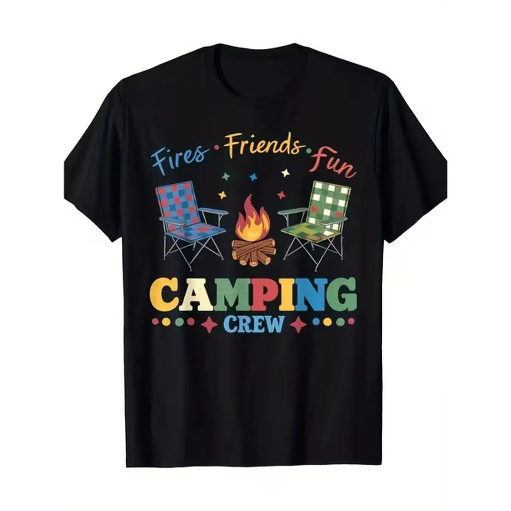 item picture mens black tee graphic design featuring fires friends and fun with chair fire regular fit short sleeve shirt for casual outdoor activities comfortable for