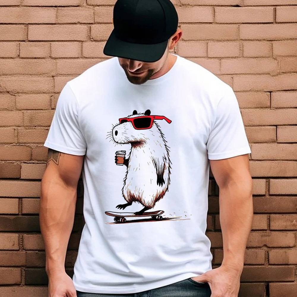 HOT SALE Cool and Comfortable Street Clothes Fun Raccoon Men T Shirt Capybaras Skateboard Coffee Print T Shirt Men Fashion Shirt