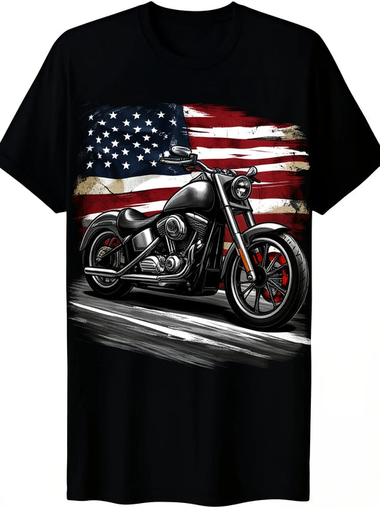 Patriotic American Flag Motorcycle T-Shirt Short Sleeve Regular Fit No Pockets 7 76 Oz Conventional Version 12 Retro Casual Short-Sleeved T-Shirt with Round Neck And Printed Pattern, Suitable for Daily Commuting And Outdoor Activities