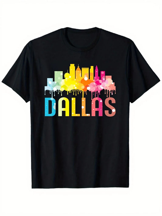 Trendy Men's Black Graphic T-Shirt Dallas Skyline Drip Paint Colorful City Silhouette Bold Letter Travel Urban Print 100% Cotton Heavyweight Short Sleeve Casual Streetwear Tee