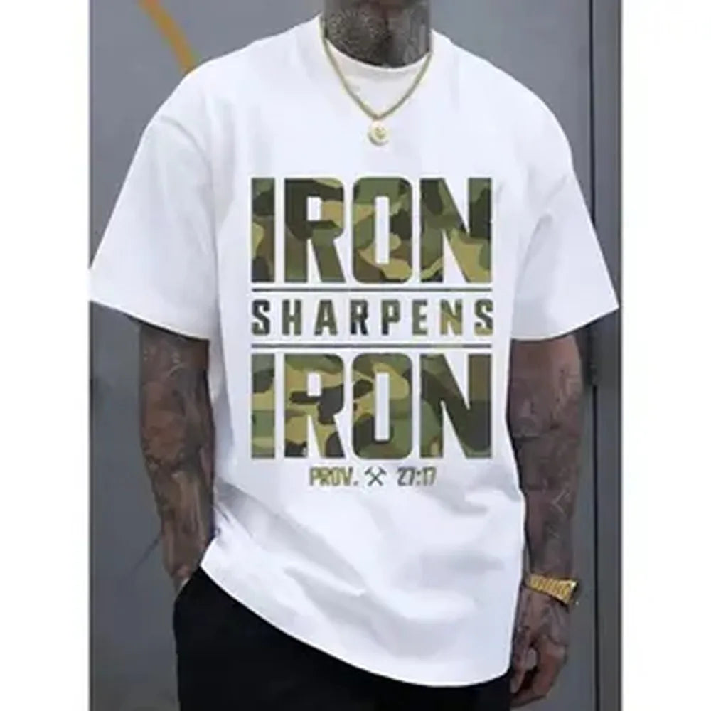 CMBT Men'S Oversized Graphic T-Shirt - "IRON SHARPENS IRON" & Proverbs 27:17 Bible Verse Design, Geometric Print Casual Streetwear Tee, Breathable Summer Top, Machine Washable, Summer Fashion | Camouflage Pattern | Durable Fabric.