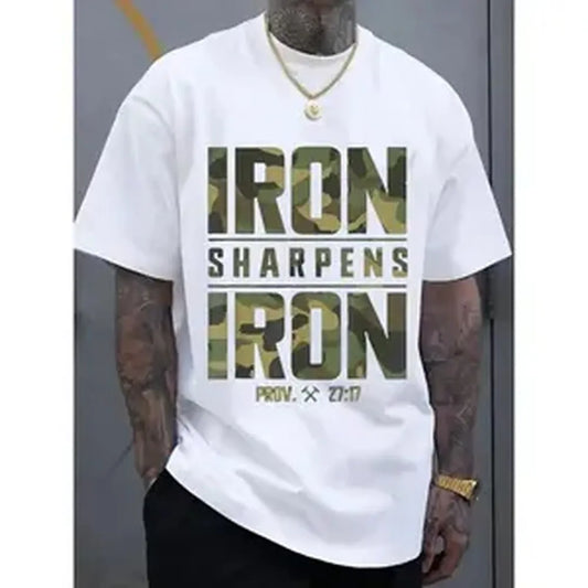 CMBT Men'S Oversized Graphic T-Shirt - "IRON SHARPENS IRON" & Proverbs 27:17 Bible Verse Design, Geometric Print Casual Streetwear Tee, Breathable Summer Top, Machine Washable, Summer Fashion | Camouflage Pattern | Durable Fabric.