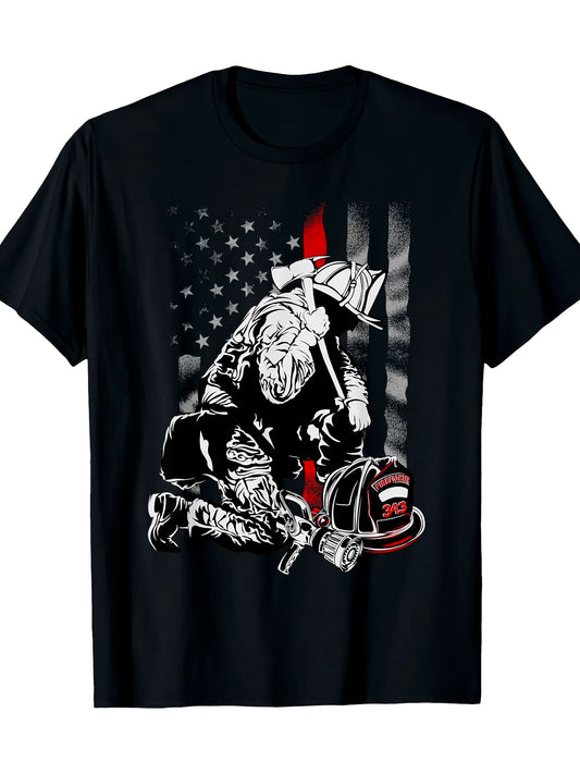 Fallen Fireman American Flag Thin Red Line Firefighter Top T-Shirt 180g