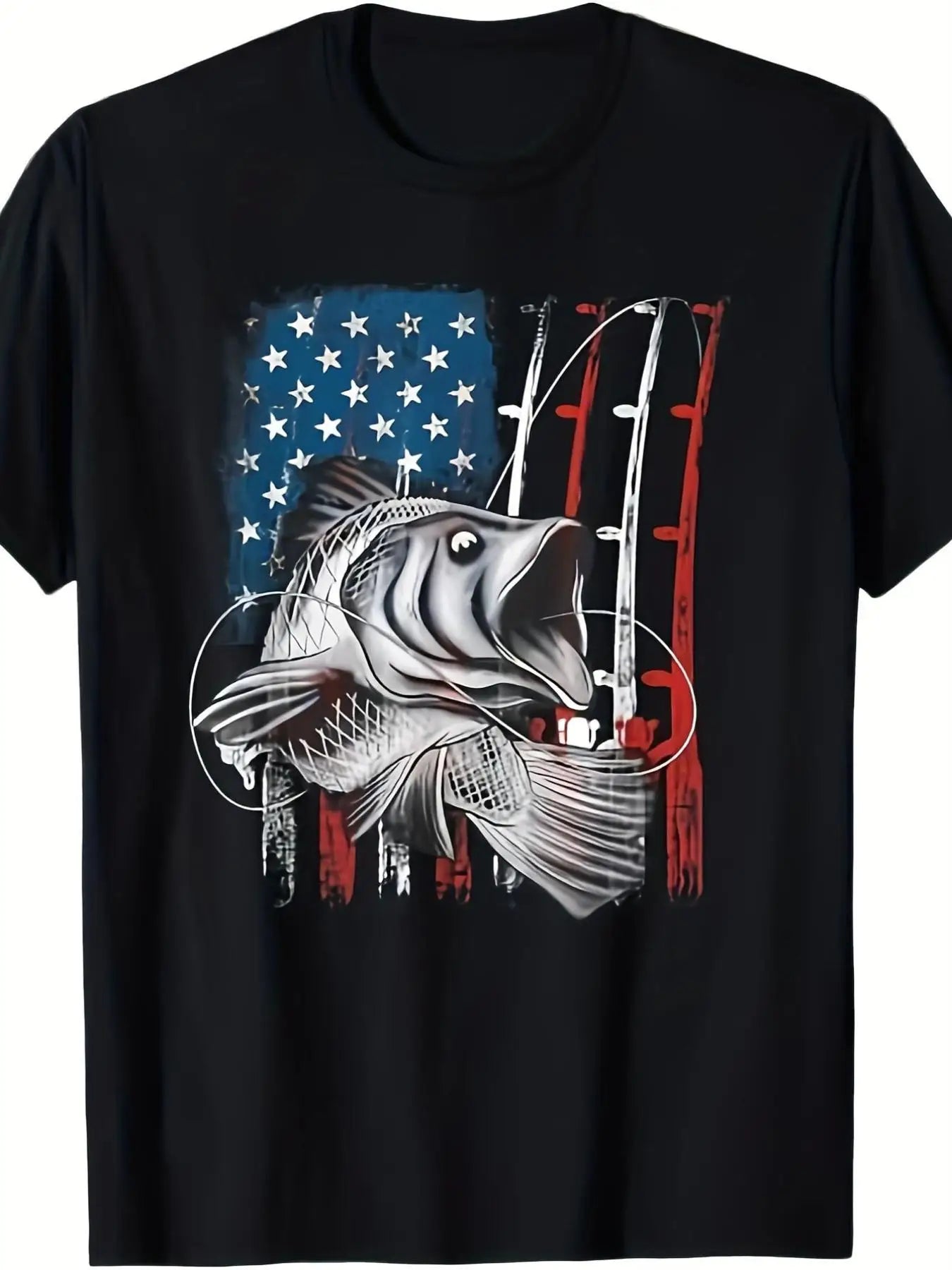 Men'S Vintage Fishing Tee Featuring The American Flag And a Fishing Rod/Line Graphic - Lightweight 180G Short Sleeve Top, Round Neck for Outdoor Fishing Adventures Or Everyday Wear - Suitable for All Seasons