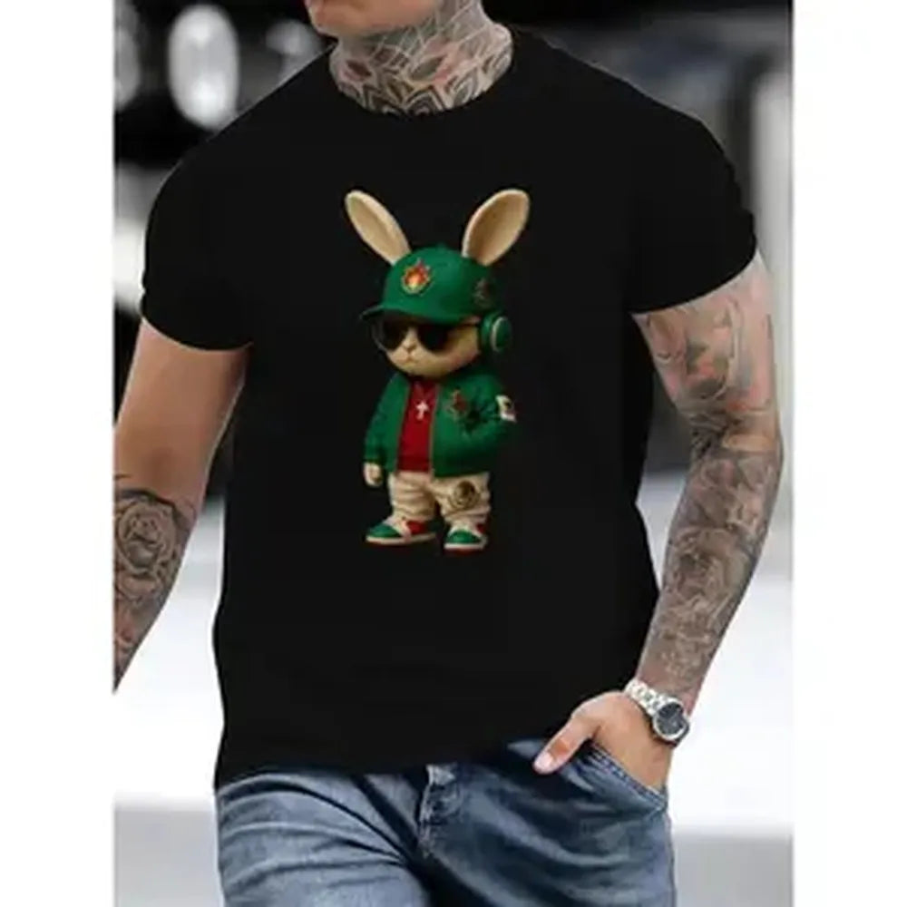 Cool Hip Hop Bunny Graphic T Shirt Men 100% Cotton Short Sleeve Tee Streetwear Vibrant Cartoon Rabbit Print Casual Fashion Tops