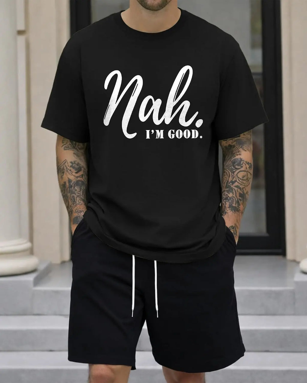 KUYIGO Mens T Shirts Funny Letter Graphic Nah, I’m Good. Summer Casual Streetwear Short Sleeve Tee