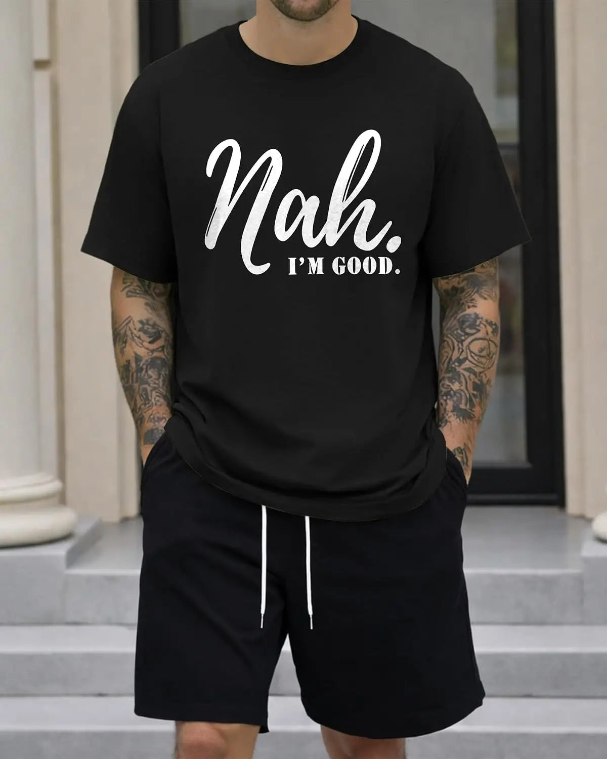 KUYIGO Mens T Shirts Funny Letter Graphic Nah, I’m Good. Summer Casual Streetwear Short Sleeve Tee