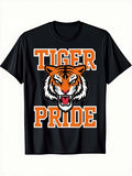 1pc Men'S Retro Tiger Pride Graphic T-Shirt - 100% Short Sleeve Round Neck Tee with Bold Orange & White Stripes & Roaring Tiger Design, Regular Fit Casual Streetwear for Sports Fans, All-S, Classic Retro Style, Round Neck Short Sleeves