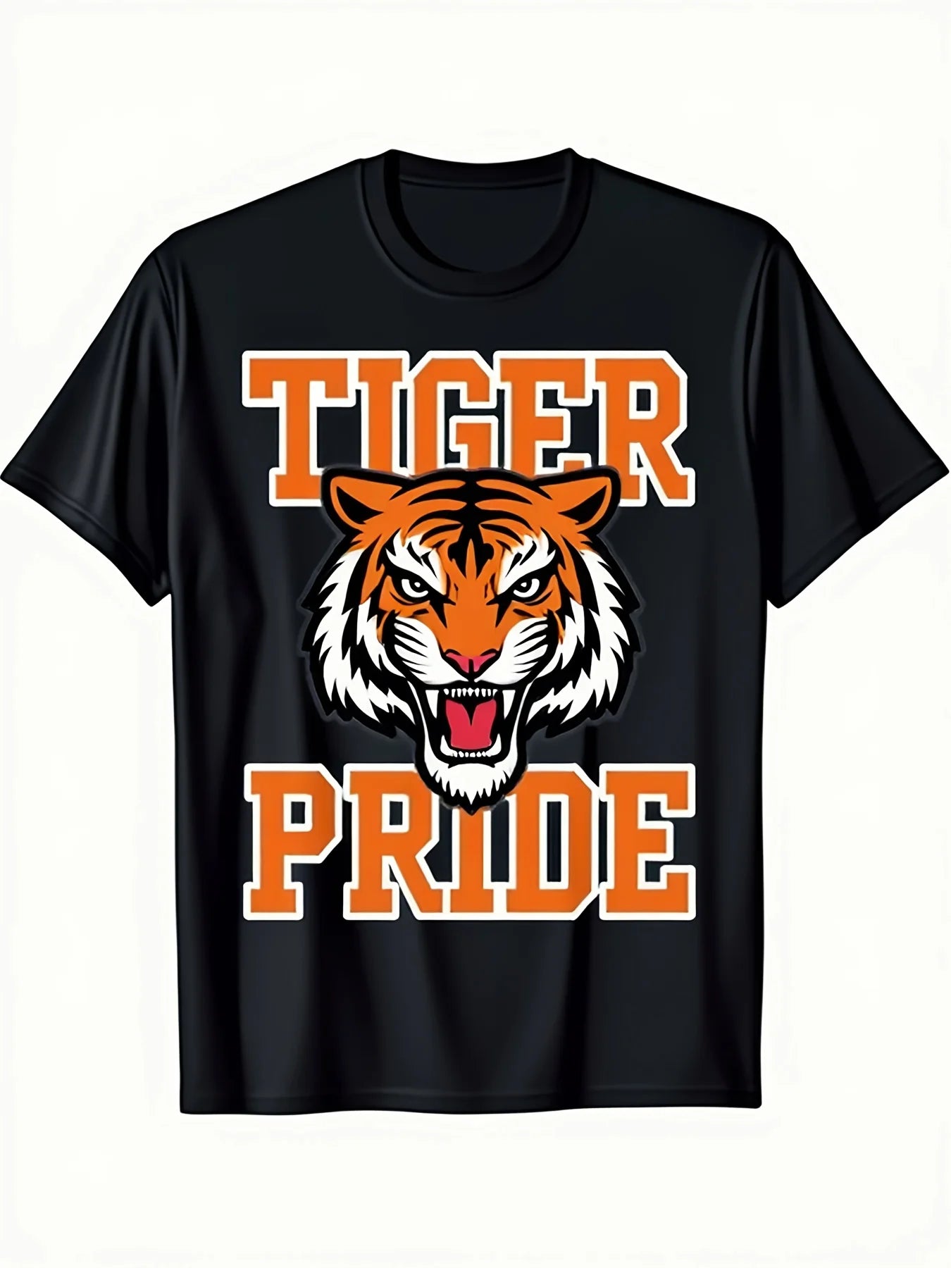 1pc Men'S Retro Tiger Pride Graphic T-Shirt - 100% Short Sleeve Round Neck Tee with Bold Orange & White Stripes & Roaring Tiger Design, Regular Fit Casual Streetwear for Sports Fans, All-S, Classic Retro Style, Round Neck Short Sleeves