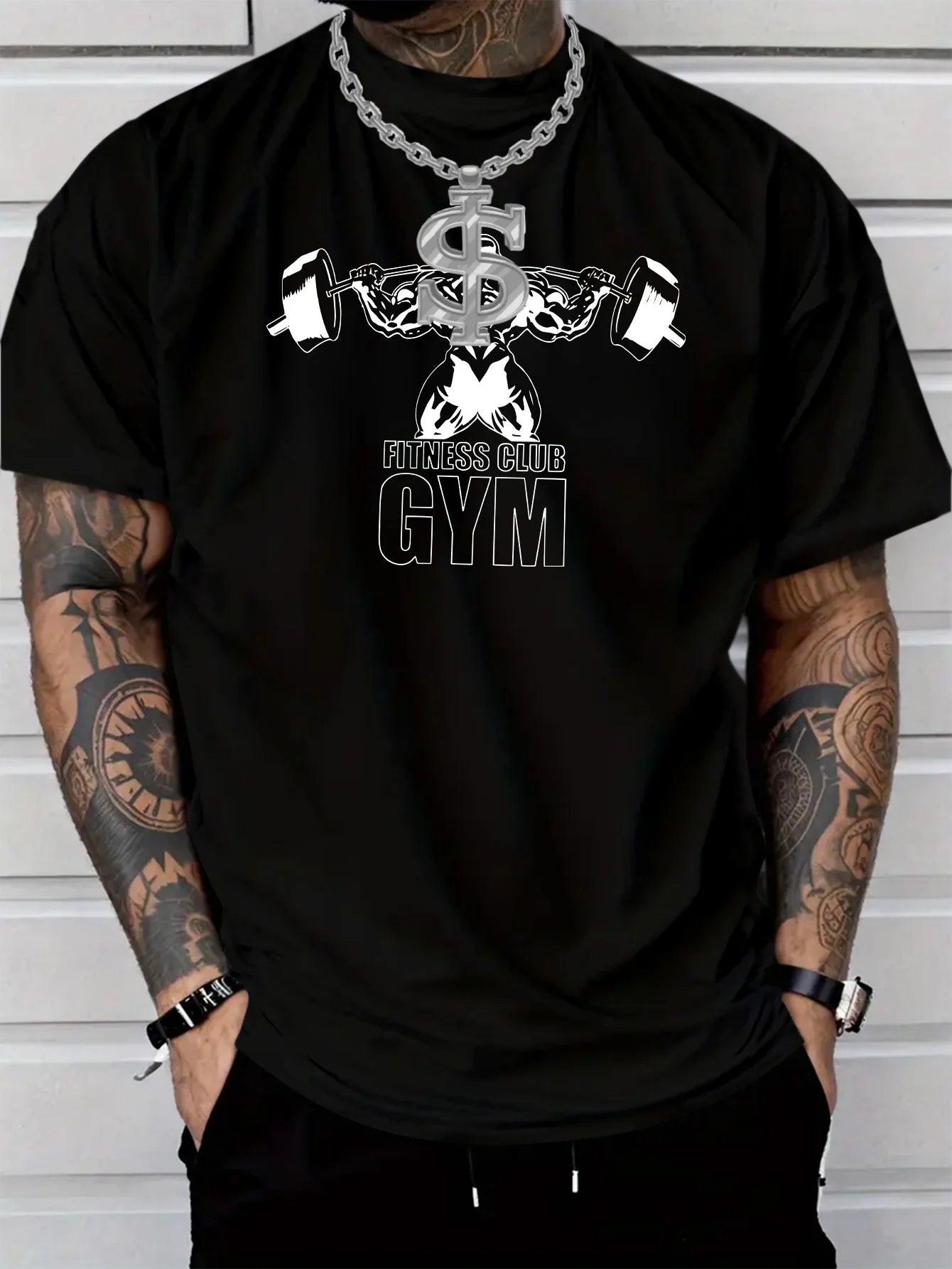 Streetwear Men's Black Graphic T-Shirt Dollar Sign Barbell Muscle Fitness Club Gym Bold Letter Print 100% Cotton Heavyweight Short Sleeve Casual Streetwear Tee