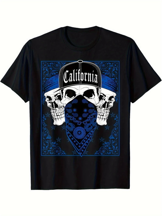 California Blue Bandana T-Shirt with a Skull Gangster Design