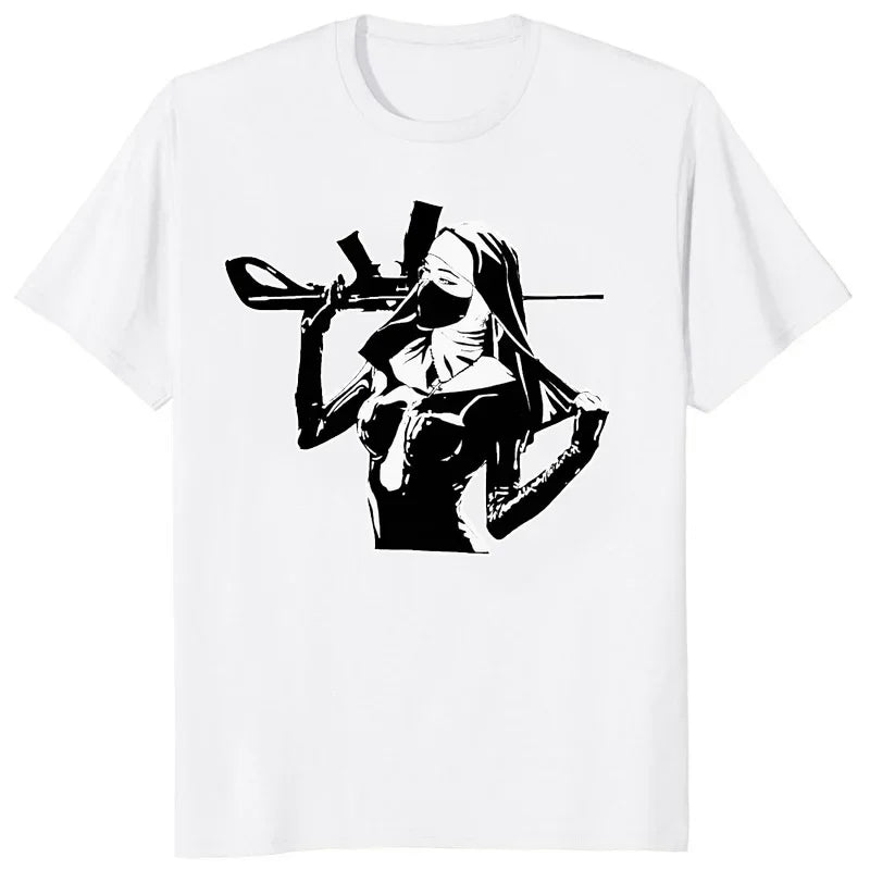 HOT SALE Cartoon Nun No Religion with Brooch Man T Shirt Satan Church Anton Lavie Satan Mystery Goth T Shirt Classic Girl Top