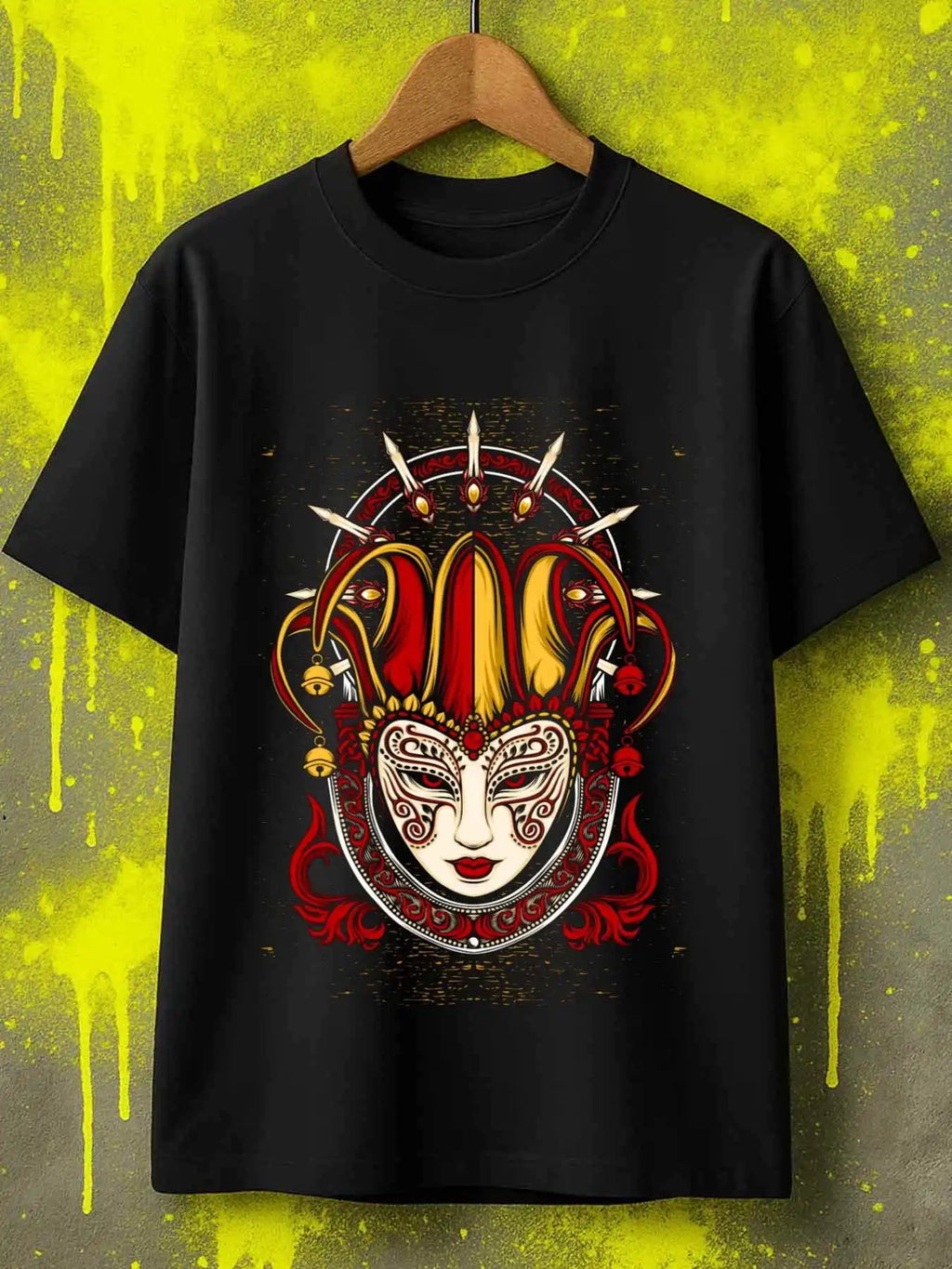 Gothic Men's Black Graphic T-Shirt Venetian Carnival Mask Jester Hat Bells Spiked Crown Ornate Red Gold Vintage Illustration 100% Cotton Heavyweight Short Sleeve Casual Streetwear Tee