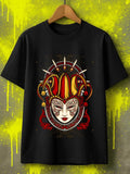 Gothic Men's Black Graphic T-Shirt Venetian Carnival Mask Jester Hat Bells Spiked Crown Ornate Red Gold Vintage Illustration 100% Cotton Heavyweight Short Sleeve Casual Streetwear Tee