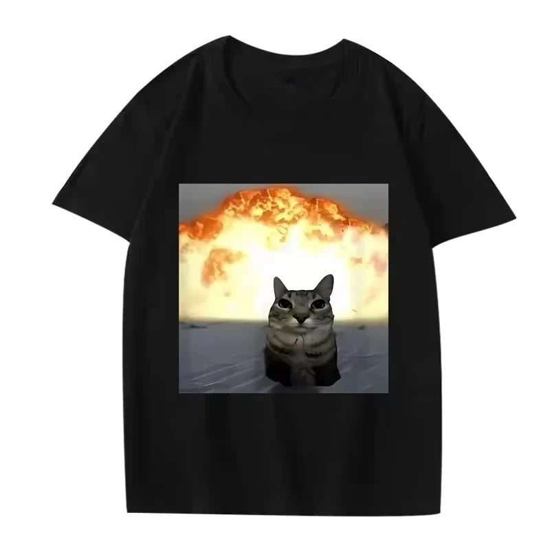 Whimsical Cat Explosion Graphic T Shirt Men Women Funny Hot Sale Short Sleeve Summer Print Unisex Tops Hot Emoji Printed