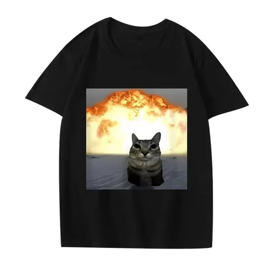 Whimsical Cat Explosion Graphic T Shirt Men Women Funny Hot Sale Short Sleeve Summer Print Unisex Tops Hot Emoji Printed