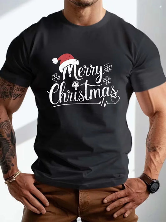 Plus Size Men'S Summer T-Shirt, Merry Christmas with Santa Hat Graphic Print Short Sleeve Tees Trendy Casual Tops for Daily Life