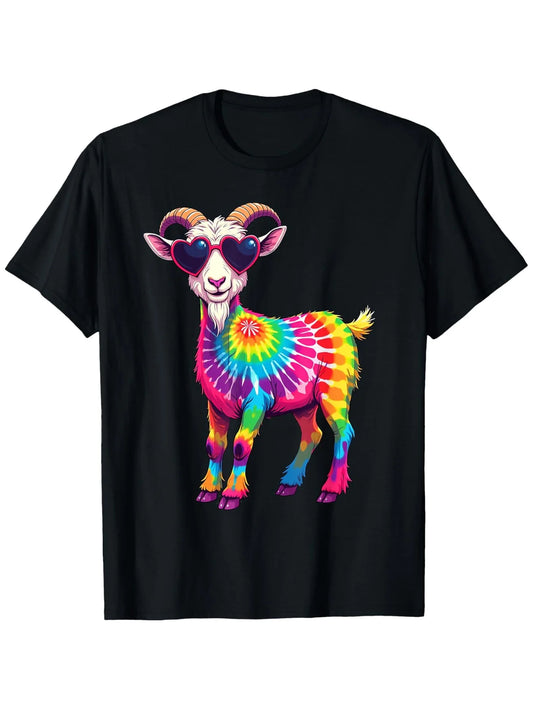 Trendy Men's Black Graphic T-Shirt Rainbow Goat Heart Sunglasses Tie Dye Swirl Horn Animal Colorful Illustration Print 100% Cotton Heavyweight Short Sleeve Casual Streetwear Tee